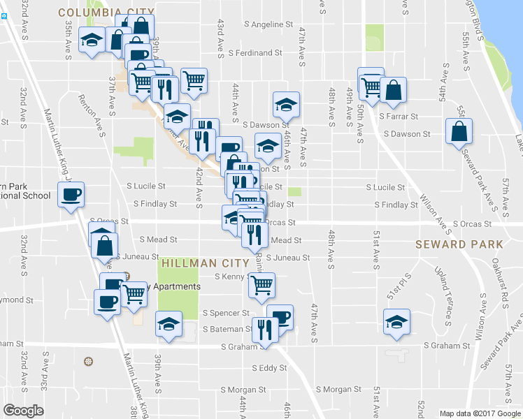 map of restaurants, bars, coffee shops, grocery stores, and more near 4521 South Findlay Street in Seattle
