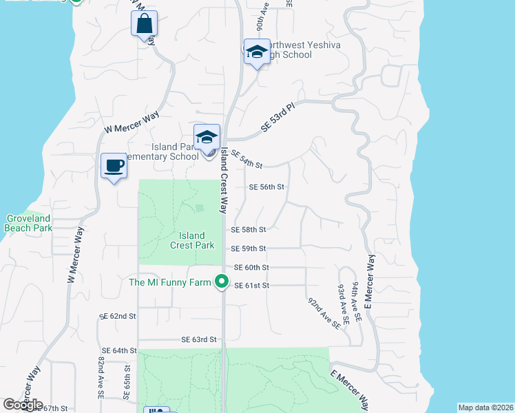 map of restaurants, bars, coffee shops, grocery stores, and more near 5630 89th Avenue Southeast in Mercer Island