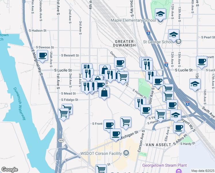 map of restaurants, bars, coffee shops, grocery stores, and more near 5700 6th Avenue South in Seattle