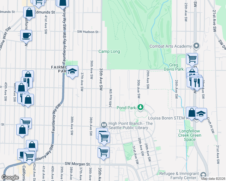 map of restaurants, bars, coffee shops, grocery stores, and more near 5612 34th Avenue Southwest in Seattle