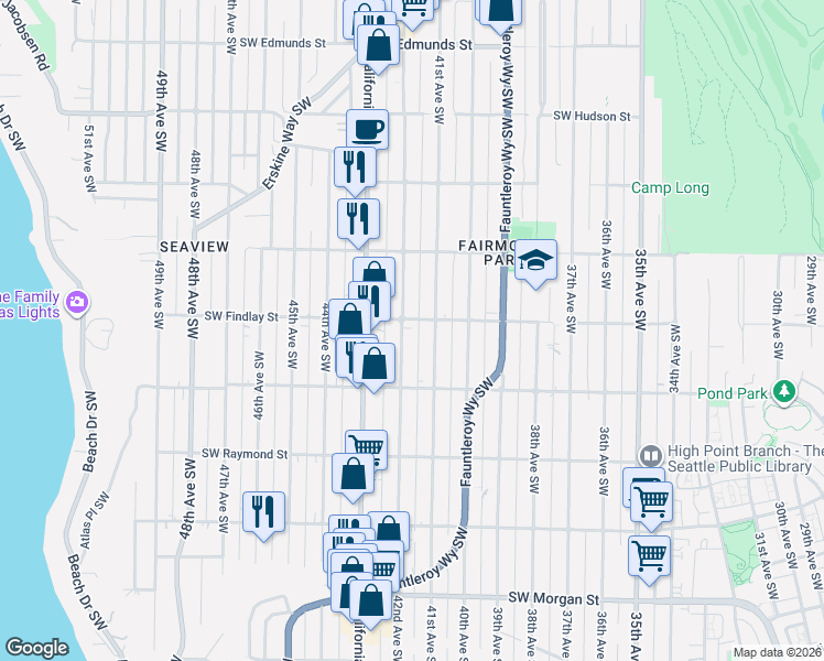 map of restaurants, bars, coffee shops, grocery stores, and more near 5622 42nd Avenue Southwest in Seattle