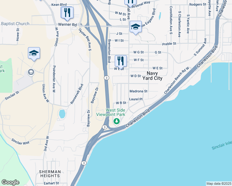map of restaurants, bars, coffee shops, grocery stores, and more near 1129 Dill Way West in Bremerton