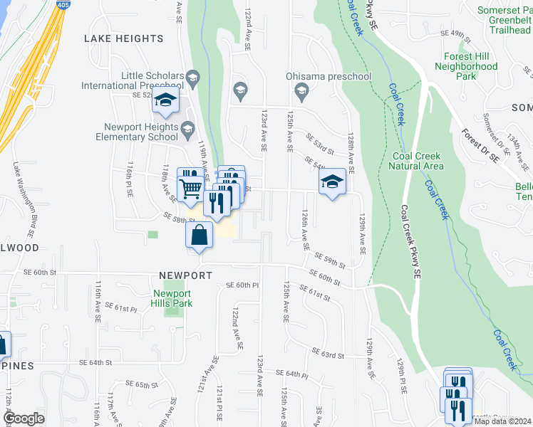 map of restaurants, bars, coffee shops, grocery stores, and more near 5706 123rd Avenue Southeast in Bellevue
