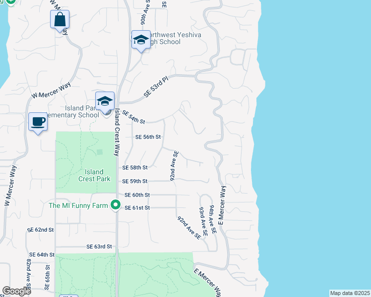 map of restaurants, bars, coffee shops, grocery stores, and more near 9208 Southeast 57th Street in Mercer Island