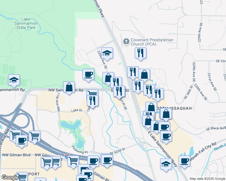 map of restaurants, bars, coffee shops, grocery stores, and more near Southeast 56th Street in Issaquah