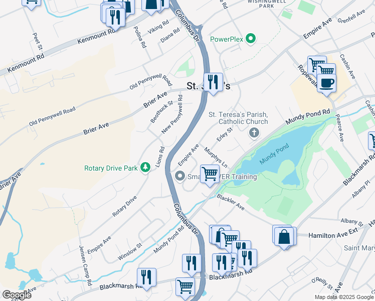 map of restaurants, bars, coffee shops, grocery stores, and more near 486 Empire Avenue in St. John's