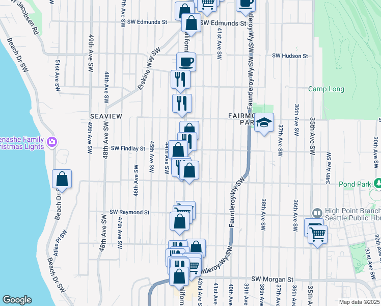 map of restaurants, bars, coffee shops, grocery stores, and more near 5616 California Avenue Southwest in Seattle