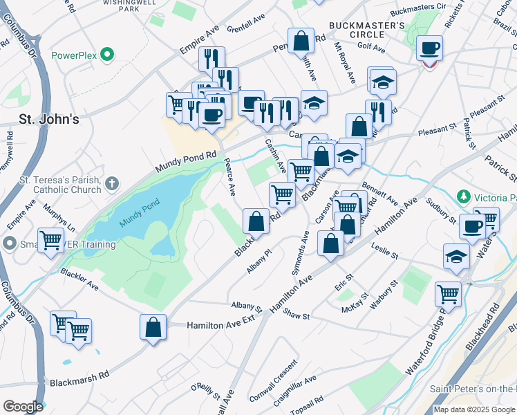 map of restaurants, bars, coffee shops, grocery stores, and more near 9 Froude Avenue in St. John's