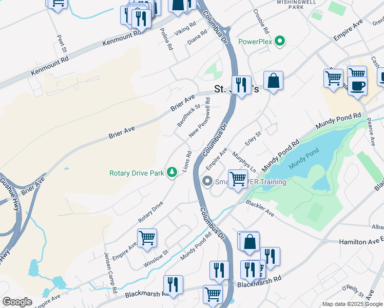map of restaurants, bars, coffee shops, grocery stores, and more near 11 Lions Road in St. John's