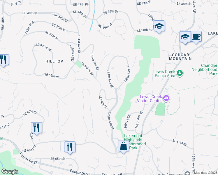 map of restaurants, bars, coffee shops, grocery stores, and more near 5523 154th Avenue Southeast in Bellevue