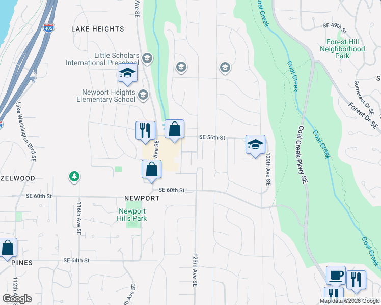 map of restaurants, bars, coffee shops, grocery stores, and more near 5713 122nd Avenue Southeast in Bellevue