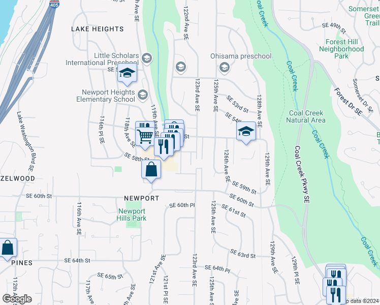 map of restaurants, bars, coffee shops, grocery stores, and more near 5721 122nd Place Southeast in Bellevue