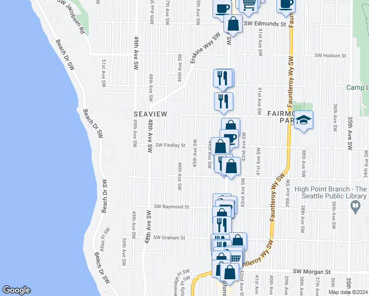 map of restaurants, bars, coffee shops, grocery stores, and more near 5602 46th Avenue Southwest in Seattle