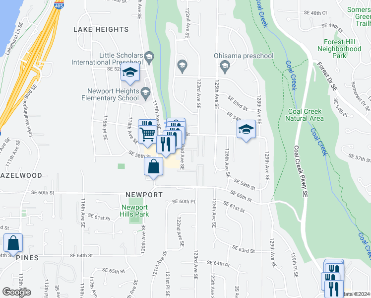 map of restaurants, bars, coffee shops, grocery stores, and more near 5721 122nd Place Southeast in Bellevue