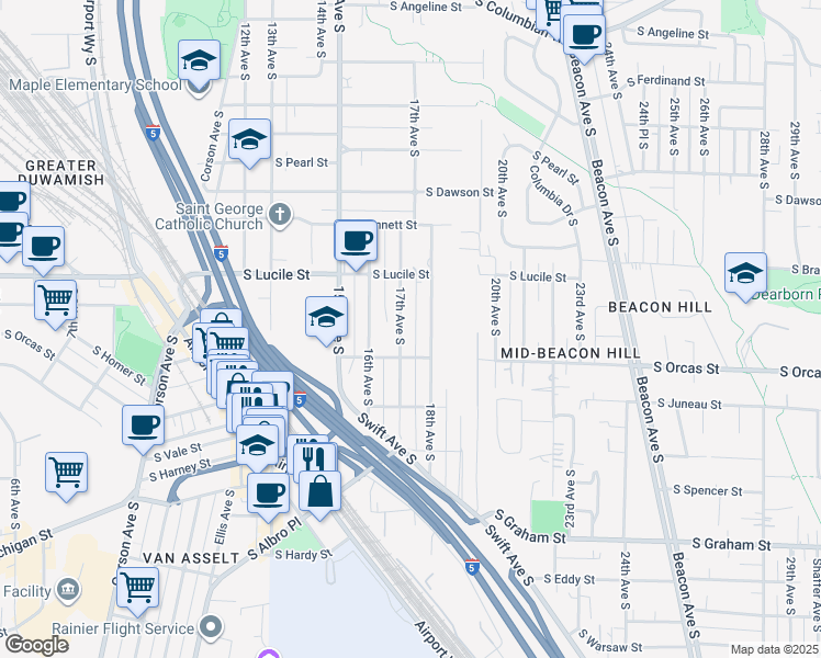 map of restaurants, bars, coffee shops, grocery stores, and more near 5567 18th Avenue South in Seattle