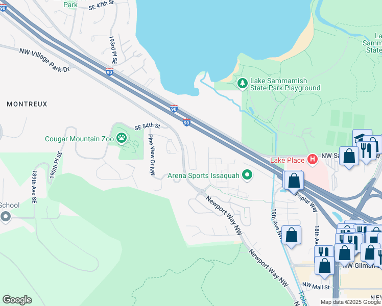 map of restaurants, bars, coffee shops, grocery stores, and more near 2450 Newport Way Northwest in Issaquah