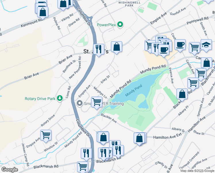 map of restaurants, bars, coffee shops, grocery stores, and more near 4 Vail Place in St. John's
