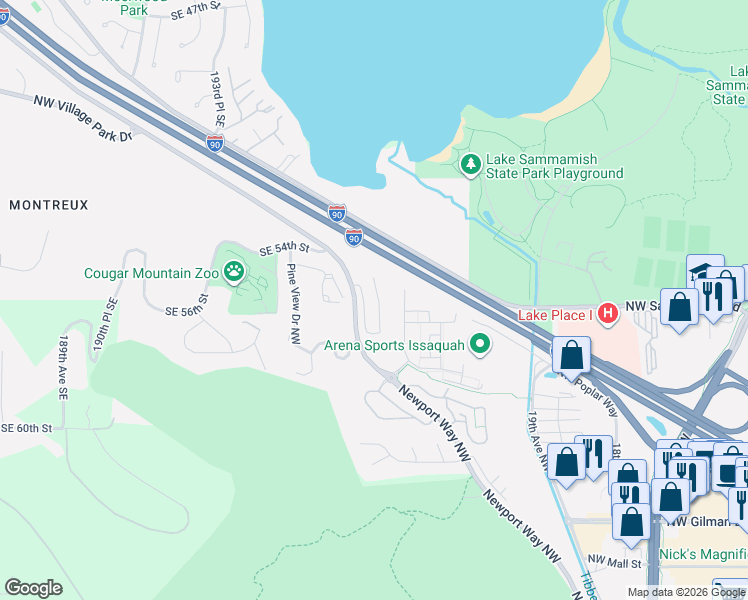 map of restaurants, bars, coffee shops, grocery stores, and more near 2450 Newport Way Northwest in Issaquah