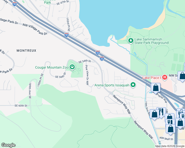 map of restaurants, bars, coffee shops, grocery stores, and more near 1630 Pine View Drive Northwest in Issaquah