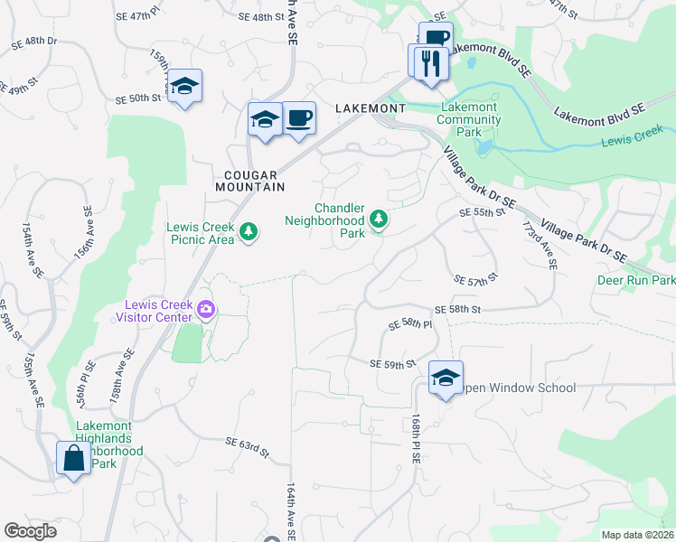 map of restaurants, bars, coffee shops, grocery stores, and more near 16501 Southeast 57th Place in Bellevue