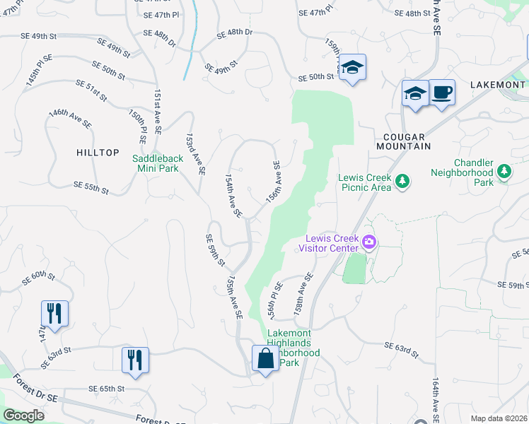 map of restaurants, bars, coffee shops, grocery stores, and more near 5722 155th Avenue Southeast in Bellevue