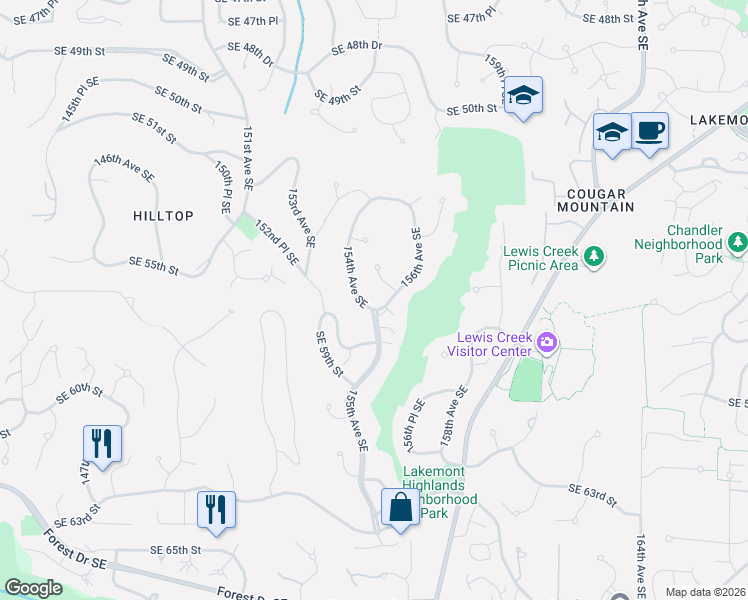 map of restaurants, bars, coffee shops, grocery stores, and more near 5613 155th Avenue Southeast in Bellevue