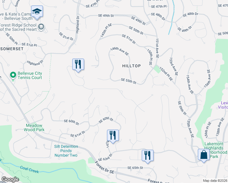map of restaurants, bars, coffee shops, grocery stores, and more near 14531 Southeast 56th Street in Bellevue