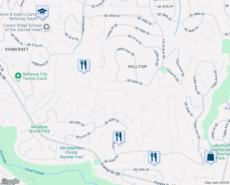 map of restaurants, bars, coffee shops, grocery stores, and more near 14531 Southeast 56th Street in Bellevue