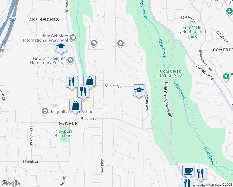 map of restaurants, bars, coffee shops, grocery stores, and more near 5641 126th Avenue Southeast in Bellevue
