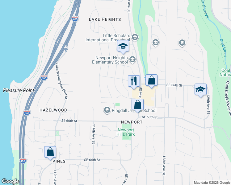 map of restaurants, bars, coffee shops, grocery stores, and more near 11643 Southeast 58th Street in Bellevue