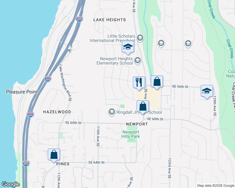 map of restaurants, bars, coffee shops, grocery stores, and more near 11643 Southeast 58th Street in Bellevue