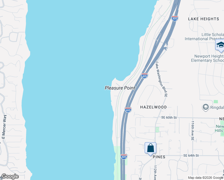 map of restaurants, bars, coffee shops, grocery stores, and more near 5641 Pleasure Point Lane Southeast in Bellevue