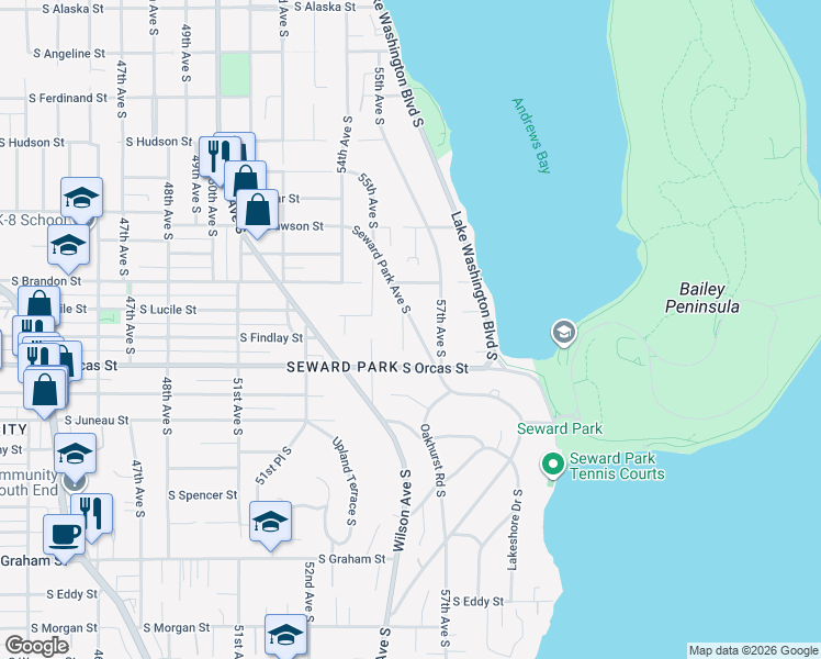 map of restaurants, bars, coffee shops, grocery stores, and more near 5530 South Orcas Street in Seattle