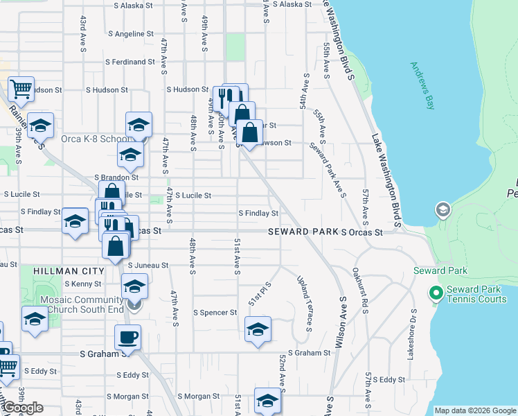 map of restaurants, bars, coffee shops, grocery stores, and more near 5149 South Findlay Street in Seattle