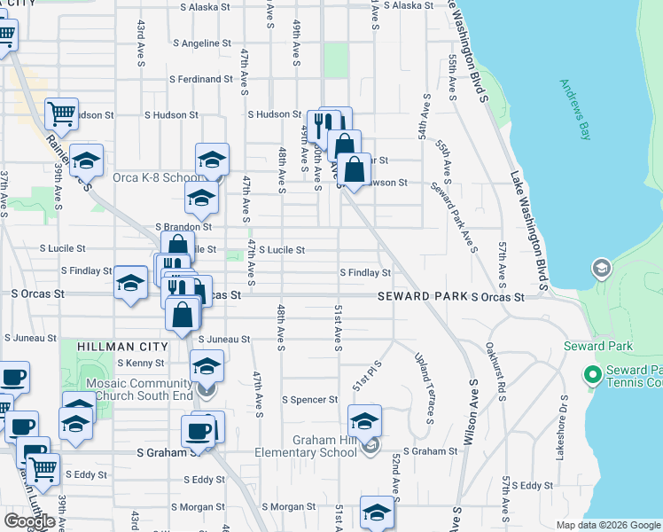 map of restaurants, bars, coffee shops, grocery stores, and more near 4838 South Orcas Street in Seattle