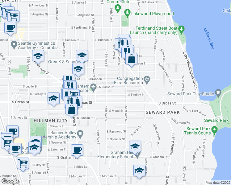 map of restaurants, bars, coffee shops, grocery stores, and more near 4838 South Orcas Street in Seattle