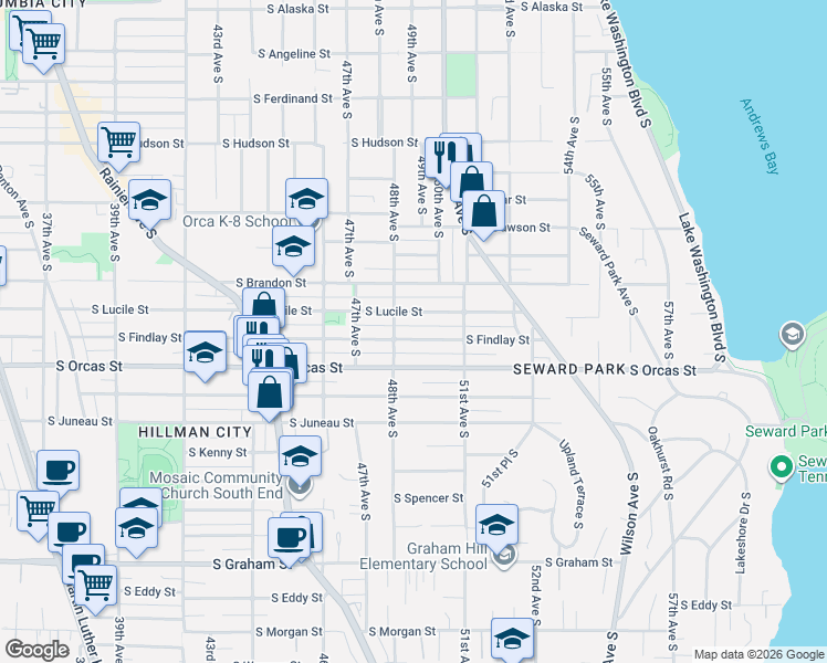 map of restaurants, bars, coffee shops, grocery stores, and more near 4800 South Orcas Street in Seattle
