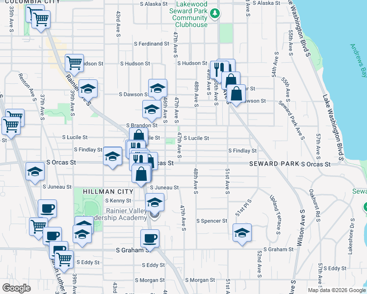 map of restaurants, bars, coffee shops, grocery stores, and more near 4700 South Orcas Street in Seattle