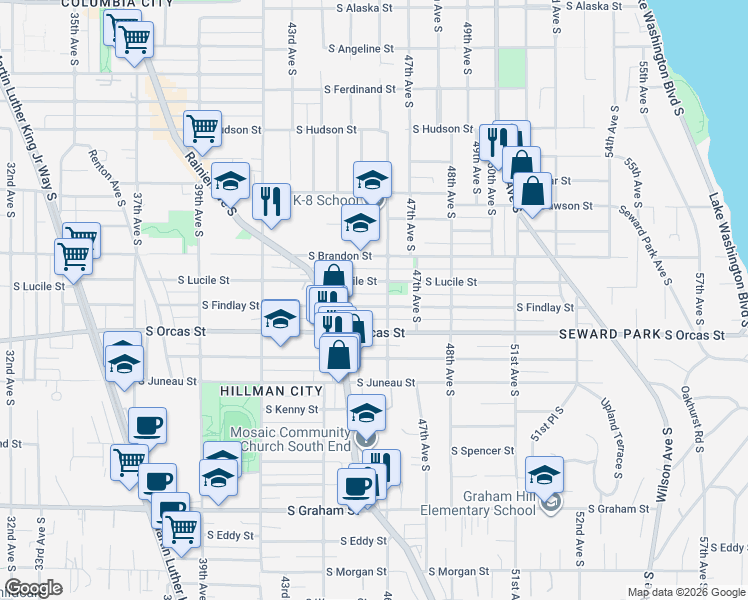 map of restaurants, bars, coffee shops, grocery stores, and more near 5609 46th Avenue South in Seattle