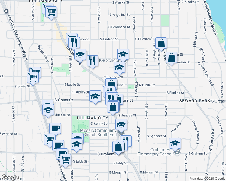 map of restaurants, bars, coffee shops, grocery stores, and more near in Seattle