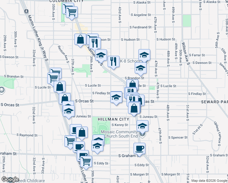 map of restaurants, bars, coffee shops, grocery stores, and more near 4216 South Orcas Street in Seattle
