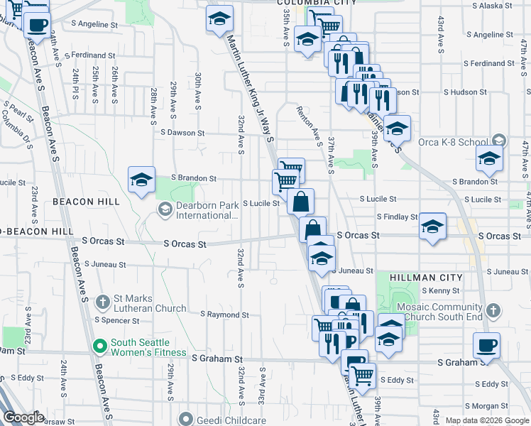 map of restaurants, bars, coffee shops, grocery stores, and more near 5532 33rd Avenue South in Seattle