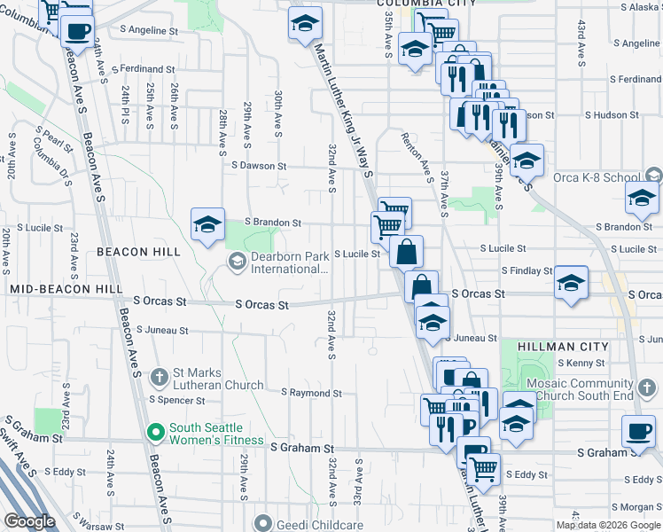 map of restaurants, bars, coffee shops, grocery stores, and more near 5531 32nd Avenue South in Seattle