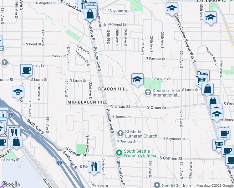 map of restaurants, bars, coffee shops, grocery stores, and more near 5479 25th Avenue South in Seattle