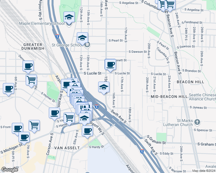 map of restaurants, bars, coffee shops, grocery stores, and more near 5566 15th Avenue South in Seattle