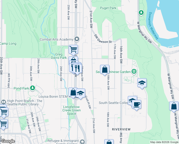 map of restaurants, bars, coffee shops, grocery stores, and more near 5615 21st Avenue Southwest in Seattle