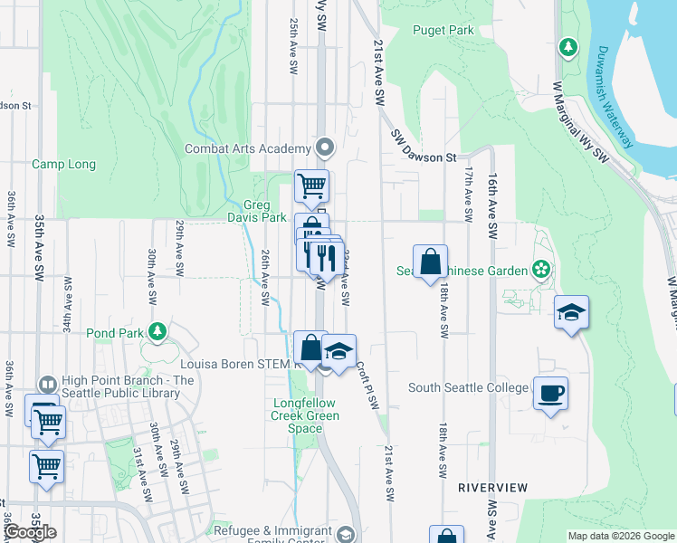 map of restaurants, bars, coffee shops, grocery stores, and more near 5608 Delridge Way Southwest in Seattle