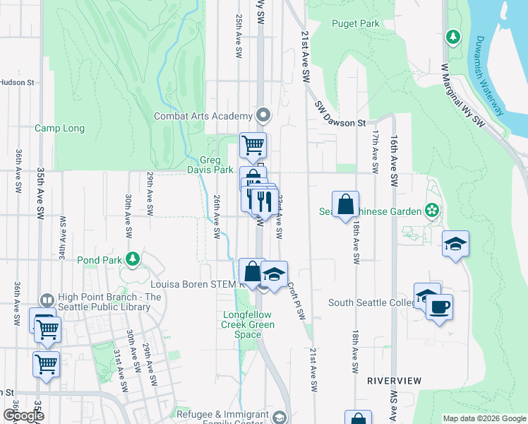 map of restaurants, bars, coffee shops, grocery stores, and more near 5608 Delridge Way Southwest in Seattle