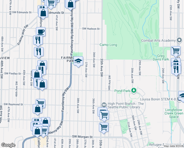 map of restaurants, bars, coffee shops, grocery stores, and more near 5616 36th Avenue Southwest in Seattle