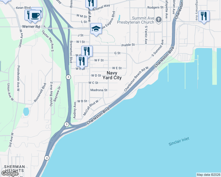 map of restaurants, bars, coffee shops, grocery stores, and more near 3700 McCall Boulevard West in Bremerton